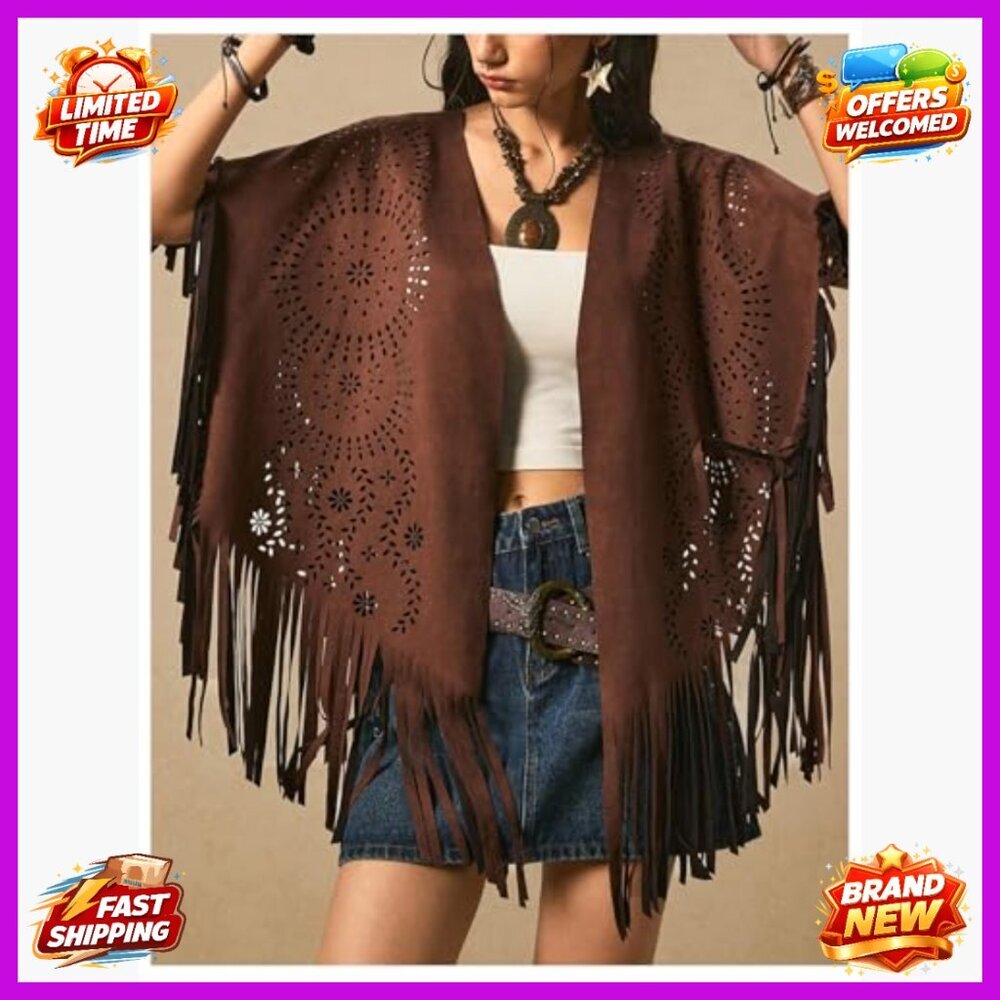 Faux Suede Cape Coat with Fringe Trim Half Sleeve Oversized Boho Outerwear - Picture 4 of 5